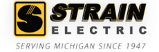 Strain Electric logo with yellow 'S' emblem, bold 'STRAIN ELECTRIC' text and tagline 'Serving Michigan Since 1947'.