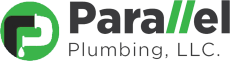 Parallel Plumbing, LLC logo showing green pipe-shaped 'P' with a water droplet and company name in black and green.