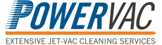 PowerVac logo with blue and black text, orange arrow, and tagline 'Extensive Jet-Vac Cleaning Services'