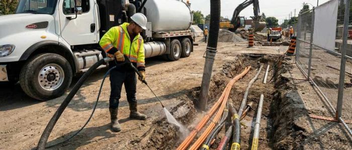 Construction worker pressure-washing utility conduits in trench at urban road excavation site with vacuum truck and excavator